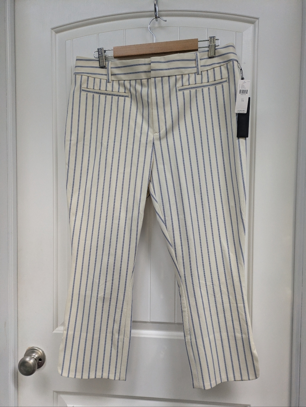 Anthropologie Essential Slim Cream Trousers with Blue & Lavender Pinstripes